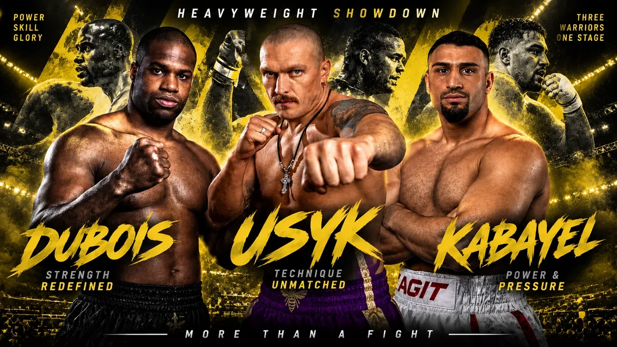 Heavyweight showdown graphic of Daniel Dubois, Oleksandr Usyk and Agit Kabayel side by side, Usyk in the middle throwing a punch towards the camera