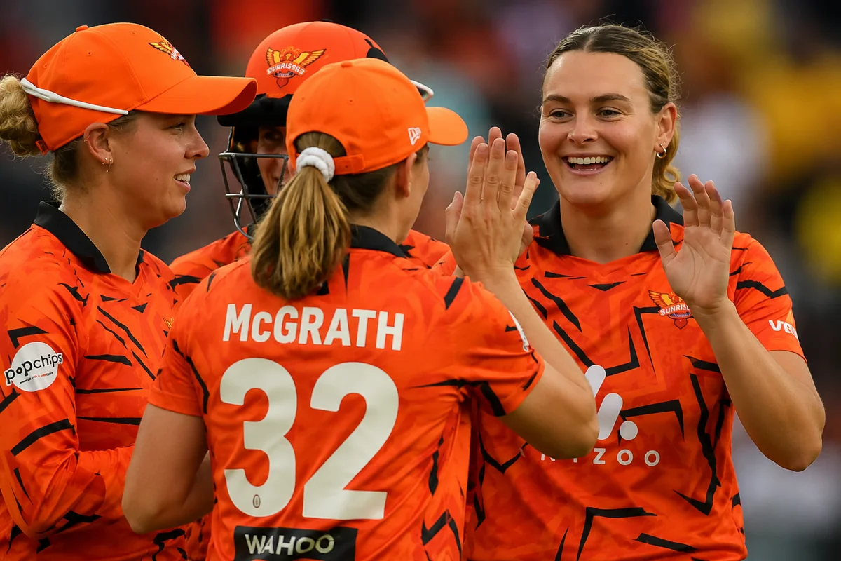 SunRisers Leeds players celebrate a wicket together during their seven-wicket win over MI London