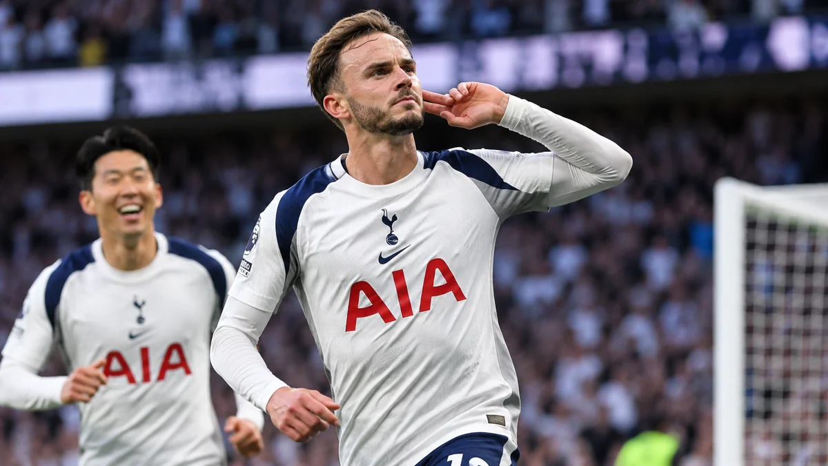 James Maddison celebrates a Tottenham goal at the Tottenham Hotspur Stadium