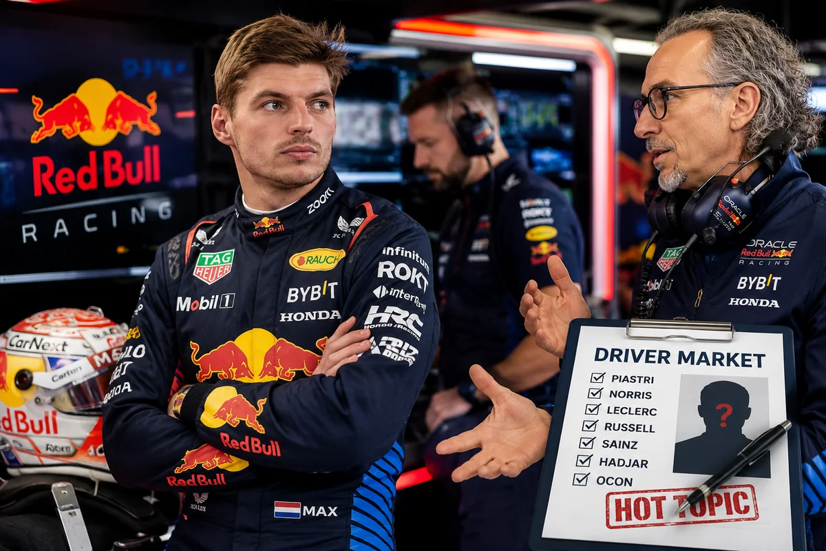 Max Verstappen listens to Red Bull team principal Laurent Mekies in the garage beside a 'Driver Market' clipboard